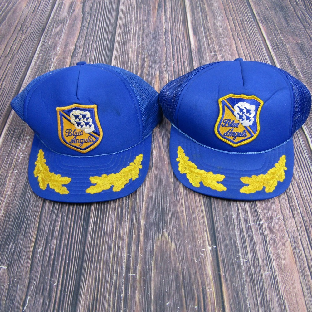 Lot of 2 Vintage Blue Angels Hat Cap Snap Back Blue Trucker Planes Aviator Pilot